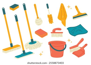 Cleaning tools. Mop, broom, bucket. Vector illustration.