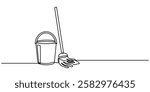 Cleaning tools mop, bucket, detergent, gloves. One continuous line art drawing banner, poster, background with set of cleaning tools,Continuous Line Drawing of Cleaning Icon. Hand Drawn Symbol Vector 