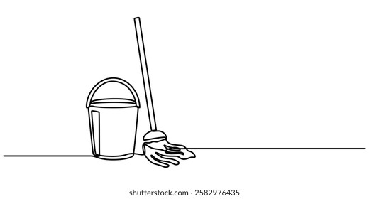 Cleaning tools mop, bucket, detergent, gloves. One continuous line art drawing banner, poster, background with set of cleaning tools,Continuous Line Drawing of Cleaning Icon. Hand Drawn Symbol Vector 