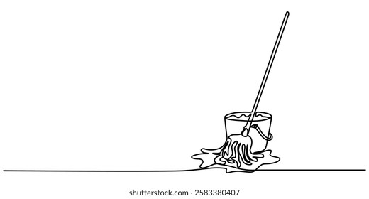 Cleaning tools mop, bucket, detergent, gloves. One continuous line art drawing banner, poster, background with set of cleaning tools,Continuous Line Drawing of Cleaning Icon. Hand Drawn Symbol Vector.