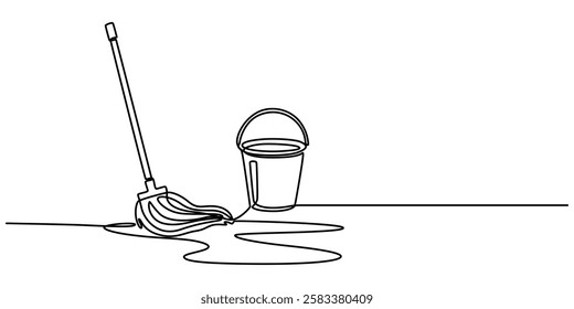 Cleaning tools mop, bucket, detergent, gloves. One continuous line art drawing banner, poster, background with set of cleaning tools,Continuous Line Drawing of Cleaning Icon. Hand Drawn Symbol Vector.