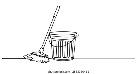 Cleaning tools mop, bucket, detergent, gloves. One continuous line art drawing banner, poster, background with set of cleaning tools,Continuous Line Drawing of Cleaning Icon. Hand Drawn Symbol Vector.