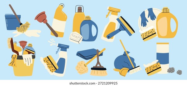 Herramientas de limpieza, fregona, detergente, juego de plumero. Ilustración vectorial en estilo plano de dibujos animados. Equipamiento de la casa para el hogar limpio, artículos de lavandería. Conjunto de Elementos de trabajo doméstico, colección de suministros de limpieza