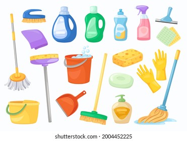 Cleaning tools. Napkin, bucket, broom, gloves, mop, detergent or disinfectant bottles. Household cleaning products and equipment vector set. Housekeeping isolated chemicals and liquids