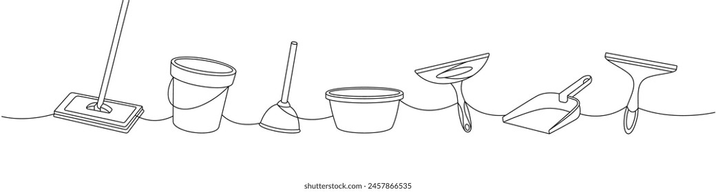 Cleaning tools one line continuous drawing. Floor mop, bucket, plunger, plastic basin, squeegee cleaning glass, scoop continuous one line illustration