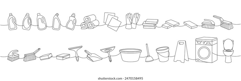 Cleaning tools one line. Toilet bowl, washing machine, floor mop, bucket, plunger, scoop, sponges, washcloths, brushes, cleaners, towels, rags, gloves