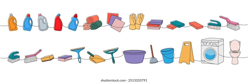 Cleaning tools one line. Toilet bowl, washing machine, floor mop, bucket, plunger, scoop, sponges, washcloths, brushes, cleaners, towels, rags, gloves
