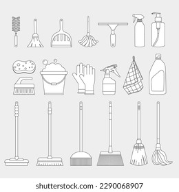 Cleaning tools and products collection set flat vector illustrations - mop, bucket, squeegee, broom, sponge, brush, duster, gloves, soap, cloth, etc.