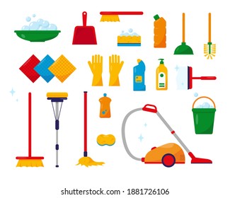 Cleaning tools and products. Cleaning equipment and accessories collection. Vector icons illustration isolated on white background.