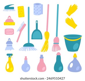 Cleaning tools and products vector clipart. Collection of housekeeping accessories in flat style. Hand drawn illustration isolated on white background.

