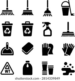 Cleaning tools and recycling symbols flat icons for household maintenance and ecofriendly practices