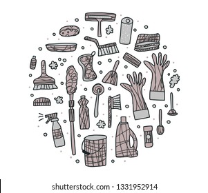 Cleaning tools round composition. Vector set of cleaning equipment. Collection of housekeeping symbols in doodle style. Color conceptual illustration.