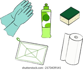 Cleaning tools, rubber gloves, detergent, sponge, rag, kitchen paper, set of vector illustrations