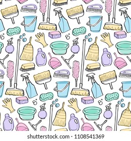Cleaning tools seamless pattern, doodle vector set. Hand-drawn cartoon collection of house cleaning stuff. Doodle drawing. Vector illustration