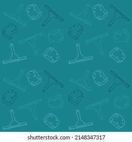 Cleaning tools seamless pattern, soap sponge, window scraper linear background template, clean glass wipe icons repetitive vector illustration design, repeat doodle style wallpaper.