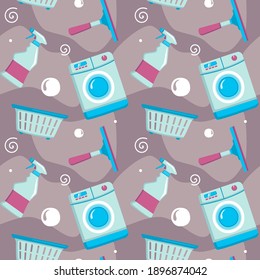 Cleaning Tools Seamless Pattern with Washing Machine, Cleaning Spray, Laundry Basket, and Squeegee. You can use this design to create poster, tshirt, pillow, tote bag, pouch, phone case, etc.