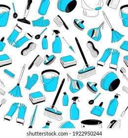 Cleaning tools seamless pattern.Washing equipment for floor,windows and dust removing.Vector doodle style items for purifying on white background.Bucket, brushes, detergent and soap. Blue color.