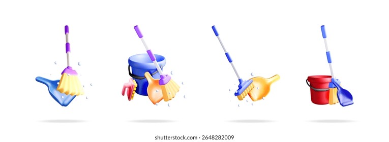 Ferramentas de limpeza definidas na ilustração de vetor 3d. Vassoura e dustpan, kit de balde esfregão. Conceito de serviços domésticos e de limpeza.