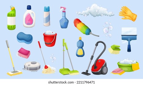 Cleaning Tools Set, Equipment And Detergents To Clean Floor, Window In House Vector Illustration. Cartoon Isolated Housekeeping Supplies, Vacuum Cleaner And Broom, Squeegee, Mop And Brush For Cleanup