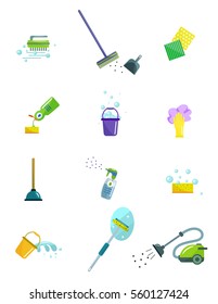 Cleaning tools.  Set of flat icons isolated on white background. 