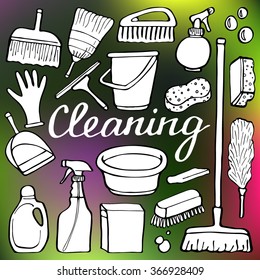 Cleaning tools set. Hand-drawn cartoon collection of house cleaning stuff. Doodle drawing. Vector illustration