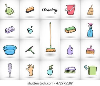 Cleaning tools set. Hand-drawn cartoon icon collection of house cleaning stuff - bucket, sponge, mop, gloves, spray, brush, shovel. Doodle drawing. Vector illustration