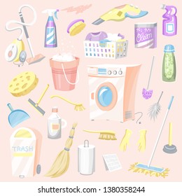 Cleaning tools Set. House icons. Washing machine, Detergents for apartments, Water bucket for Mopping, Chemicals Appliances for service.