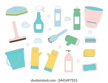 Cleaning tools set isolated on white background. Wash house items and equipment collection. Sponge, gloves and brushes with soap bottles for cleanup. Vector illustration with outline.