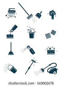 Cleaning tools.  Set of silhouette icons isolated on white background. 