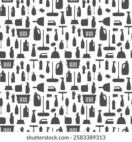 Cleaning tools silhouette seamless Pattern. Household supplies icons for home office cleaning. Black minimalist simple cleanup items Background. Template for package, wrapping, print, banner