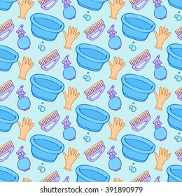 Cleaning tools sketch. Seamless pattern with hand-drawn cartoon icons - washbowl, gloves, brush, spray and bubbles. Doodle drawing. Vector illustration - swatch inside