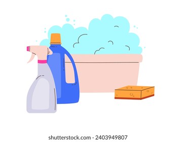 Herramientas de limpieza - esponja, botellas con productos químicos domésticos y básica con espuma. Ilustración vectorial plana moderna aislada en fondo blanco