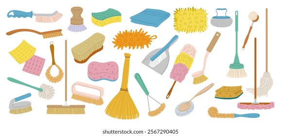 Cleaning tools. Sponge mops and brushes recent vector cartoon stylized illustrations