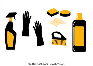 Cleaning tools and supplies illustration set. Vector graphic of mops, cleaning solutions, spray bottles, gloves, and sponges. Perfect for cleaning guides, and cleaning services. 