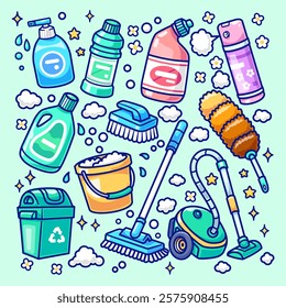 Cleaning Tools and Supplies Set Cartoon Vector Illustration. 
Holiday Object Icon Concept Isolated Premium Vector. Flat 
Cartoon Style 