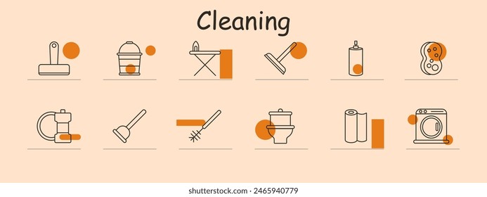 Cleaning tools and supplies set icon. Brush, vacuum, iron, spray bottle, sponge, plunger. Household cleaning and hygiene concepts.