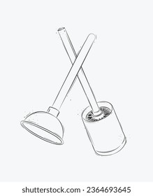 Cleaning tools toilet brush and plunger drawing in graphic style on white background