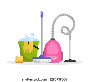 Cleaning tools: vacuum cleaner, mop, bucket, rubber gloves, sponge. Flat style. Vector