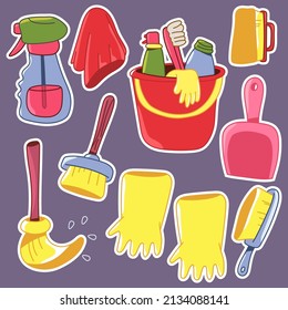 Cleaning tools vector cartoon stickers set isolated on background.
