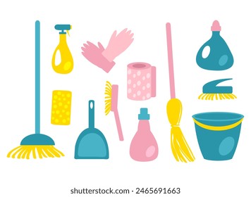 Cleaning tools vector clipart collection. Household symbols in flat style. Hand drawn illustration isolated on white background.


