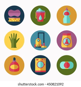 Cleaning tools vector icons collection, flat illustration