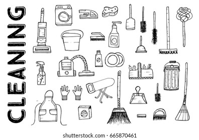 Cleaning Tools. Vector Illustration. Supplies Isolated on White Background. Hand Drawn Cleaning products.