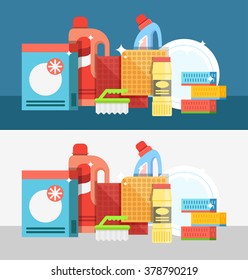 Cleaning tools vector set. Detergents for cleaning home or hotel. Cleaning products. Clean service vector icon. 