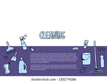 Cleaning tools. Vector set of cleaning equipment. Collection of housekeeping symbols in flat style. Color illustration.