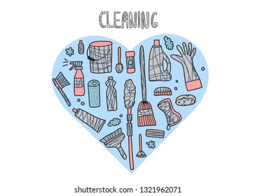 Cleaning tools. Vector set of cleaning equipment. Collection of housekeeping symbols in flat style. Color illustration.