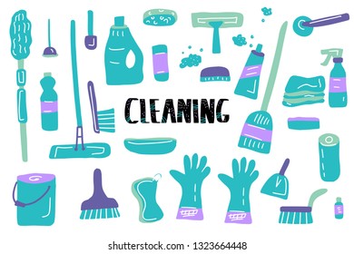 Cleaning tools. Vector set of cleaning equipment. Collection of housekeeping symbols in flat style. Color illustration.