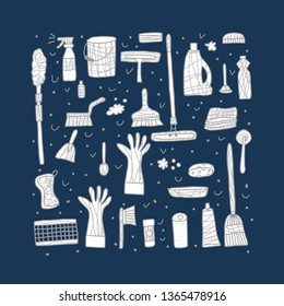 Cleaning tools. Vector set of cleaning equipment. Collection of housekeeping symbols in flat style. Color illustration.