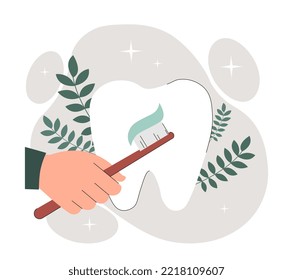 Cleaning tooth concept. Hand holds brush with toothpaste. Hygiene and healthcare, cleanliness. Routine and daily procedures. Oral care metaphor. Poster or banner. Cartoon flat vector illustration