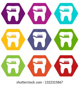 Cleaning tooth icons 9 set coloful isolated on white for web
