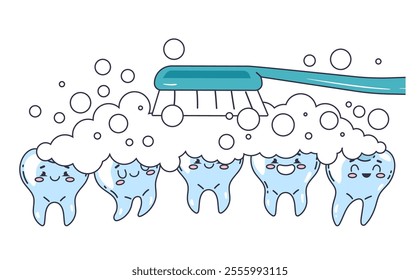 Cleaning tooth with toothbrush and toothpaste dental health. Vector flat graphic design element concept illustration